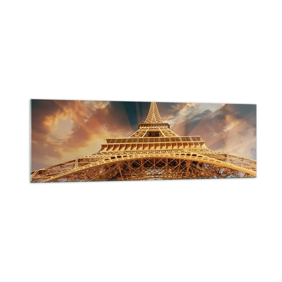 Quadro su vetro - La Torre Eiffel dal basso sullo sfondo del sole al tramonto - 160x50cm - Come gli uomini hanno raggiunto il cielo - Decorazione murale moderna per soggiorno e camera da letto ARTTOR