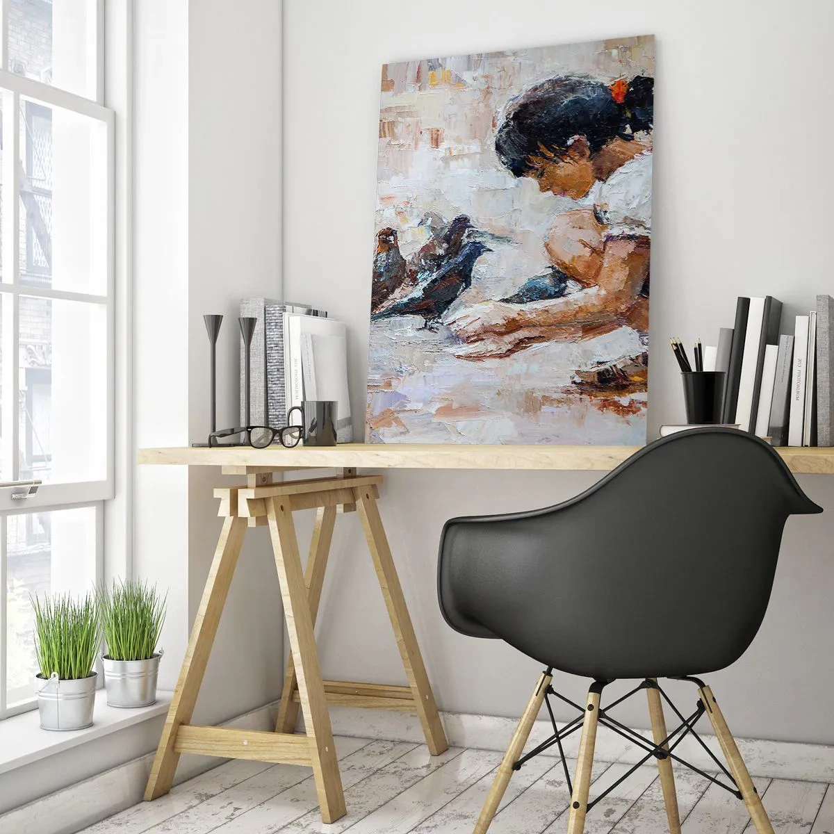 Quadro su vetro - Una ragazza che dà da mangiare agli uccelli su uno sfondo impressionistico - 50x70cm - Piccoli e gentili - Decorazione murale moderna per soggiorno e camera da letto ARTTOR