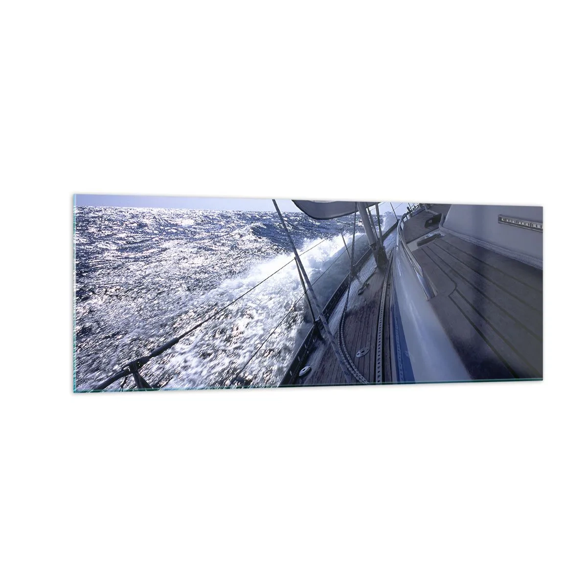 Quadro su vetro - Una barca a vela in un mare in tempesta con vele bianche e un ponte di legno. - 140x50cm - So cosa vuol dire volare - Decorazione murale moderna per soggiorno e camera da letto ARTTOR