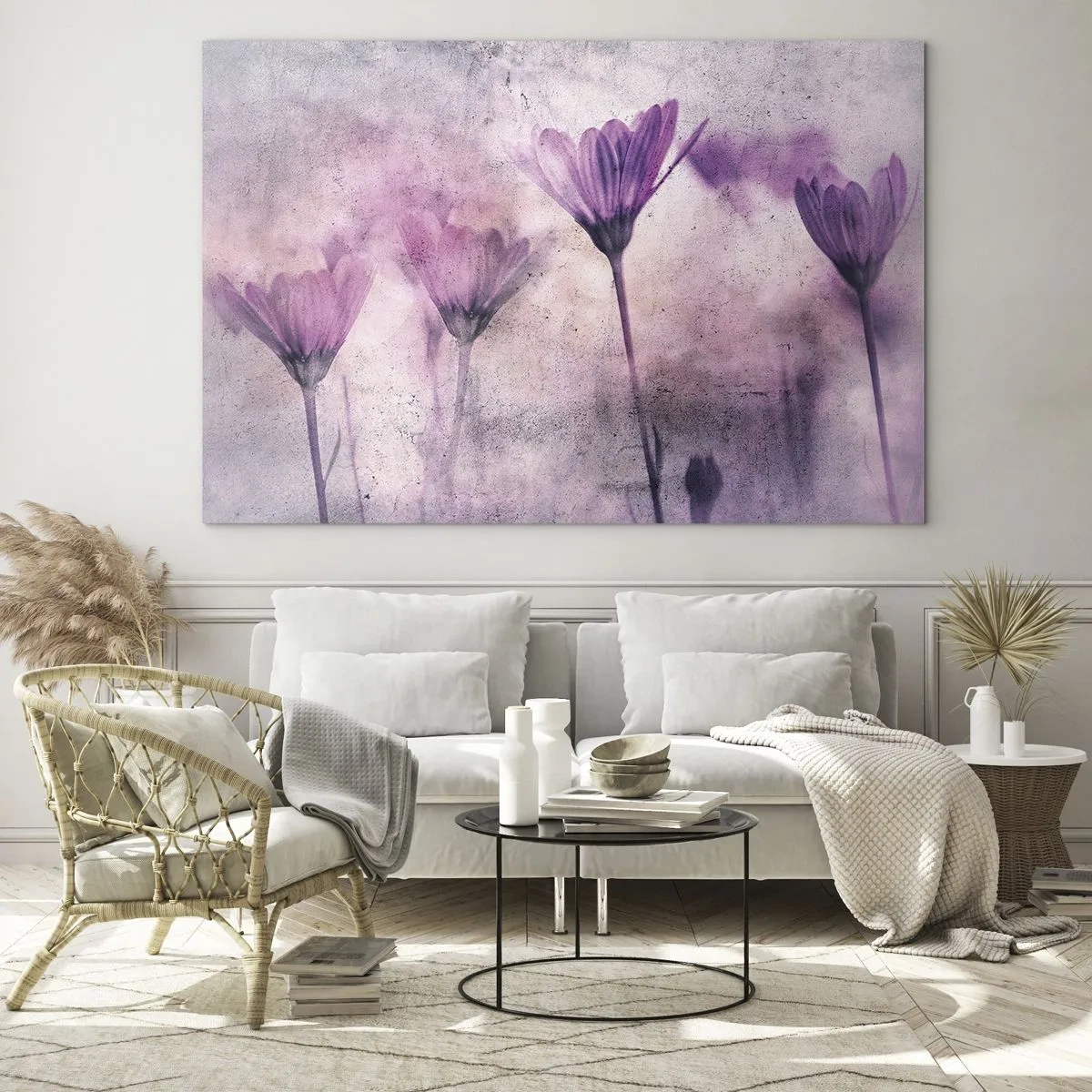 Quadro su vetro - Delicati fiori nelle tonalità pastello del viola - 120x80cm - Il sogno dei fiori - Decorazione murale moderna per soggiorno e camera da letto ARTTOR