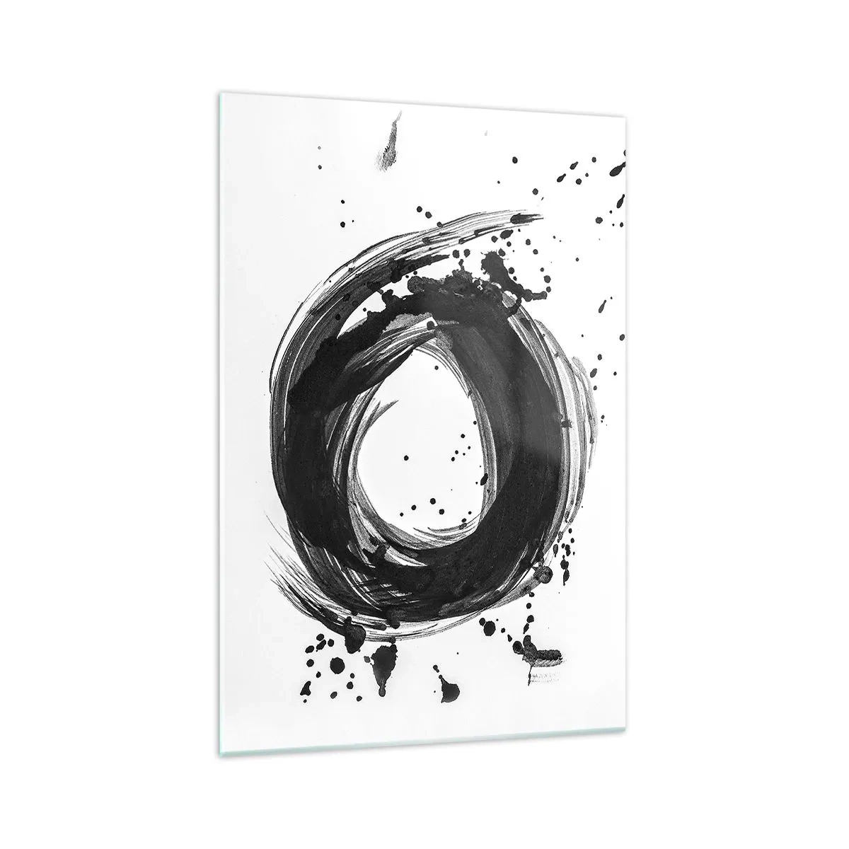 Quadro su vetro - Astrazione nera a forma di cerchio su sfondo bianco - 70x100cm - Il vortice della creazione - Decorazione murale moderna per soggiorno e camera da letto ARTTOR