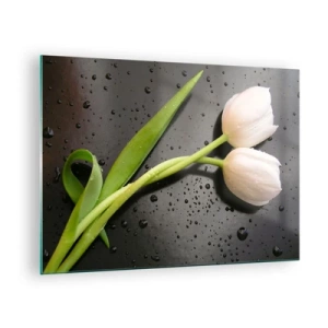 Quadro su vetro - Tulipani bianchi su uno sfondo con gocce d'acqua - 70x50cm - Intreccio primaverile - Decorazione murale moderna per soggiorno e camera da letto ARTTOR