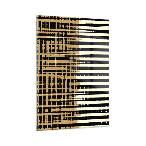 Quadro su vetro - Righe e linee geometriche nei toni del nero e dell'oro - 50x70cm - Astrazione architettonica - Decorazione murale moderna per soggiorno e camera da letto ARTTOR
