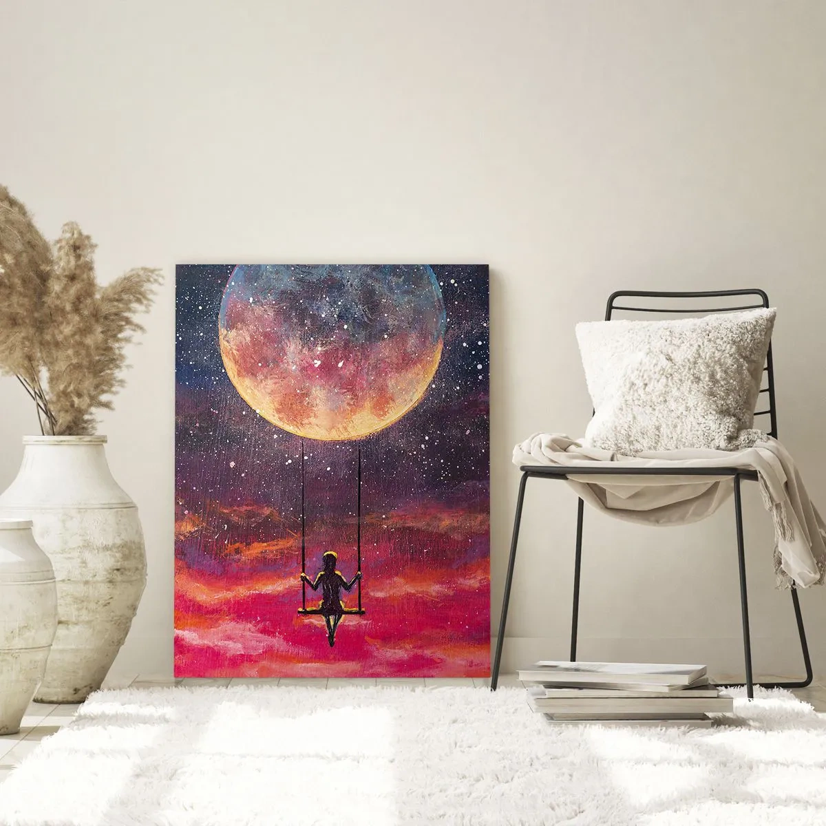 Quadro su vetro - Una ragazza su un'altalena sospesa sotto la luna - 50x70cm - Con la testa tra le nuvole - Decorazione murale moderna per soggiorno e camera da letto ARTTOR