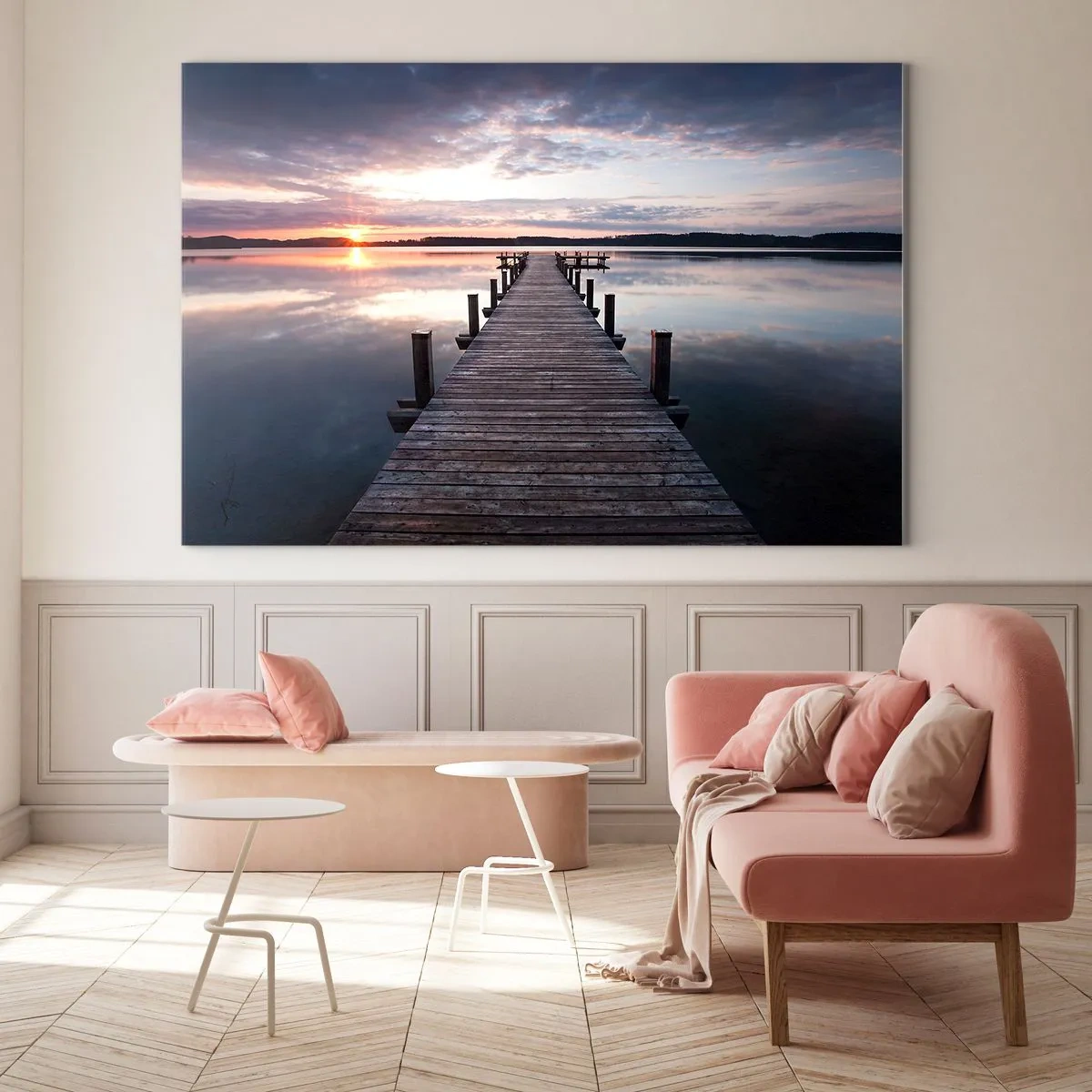 Quadro su vetro - Molo di legno sul lago al tramonto - 120x80cm - Il silenzioso confine del giorno e della notte - Decorazione murale moderna per soggiorno e camera da letto ARTTOR
