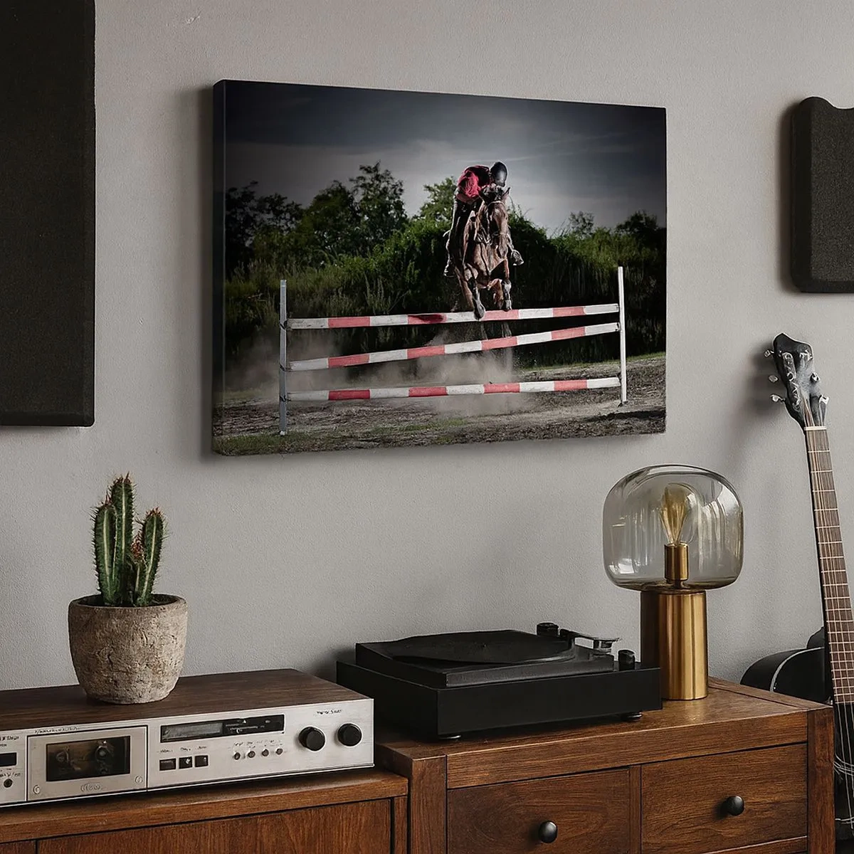 Quadro su tela - Stampe su Tela - Un cavaliere su un cavallo che salta un ostacolo su una pista da corsa - 70x50cm - Insieme fino alla vittoria - Decorazione murale moderna per soggiorno e camera da letto ARTTOR