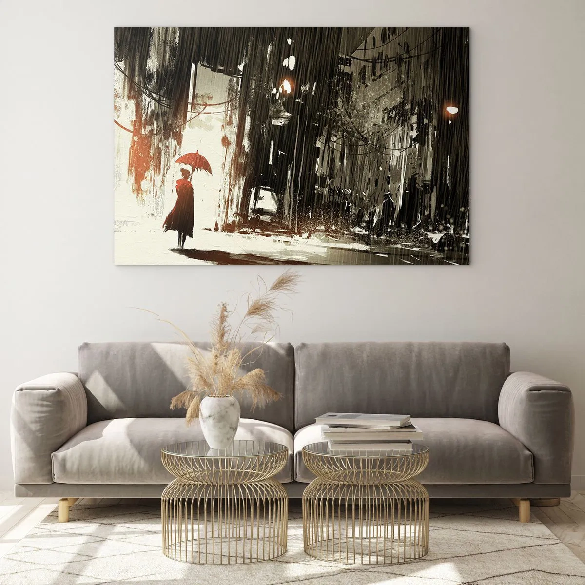 Quadro su vetro - Una persona con un ombrello rosso sotto la pioggia su uno sfondo urbano scuro. - 70x50cm - La poesia dell'ombrello rosso - Decorazione murale moderna per soggiorno e camera da letto ARTTOR