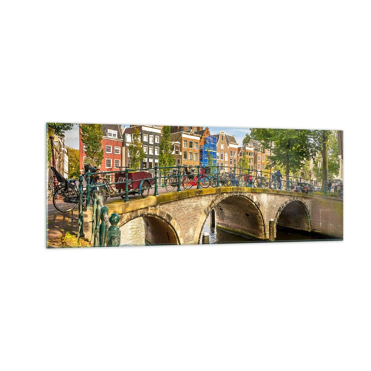 Quadro su vetro - Un pittoresco canale con un ponte ad Amsterdam - 140x50cm - La primavera sul canale - Decorazione murale moderna per soggiorno e camera da letto ARTTOR