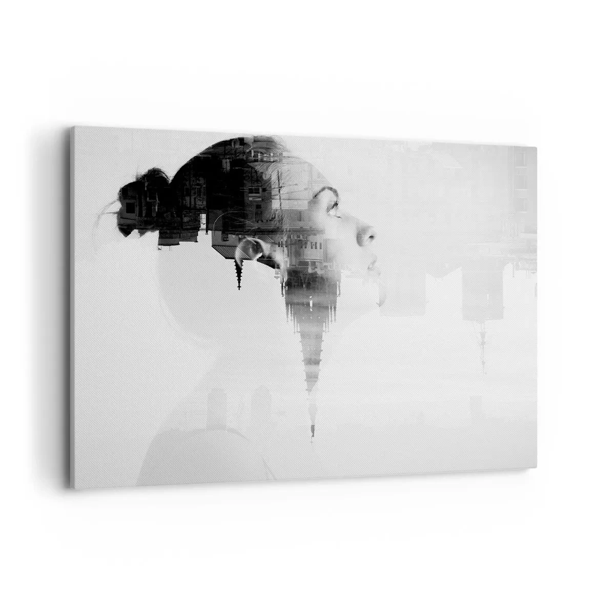 Quadro su tela - Stampe su Tela - Ritratto di una donna con il contorno di una città sullo sfondo, colori bianco e nero - 100x70cm - Sui due lati del vetro - Decorazione murale moderna per soggiorno e camera da letto ARTTOR