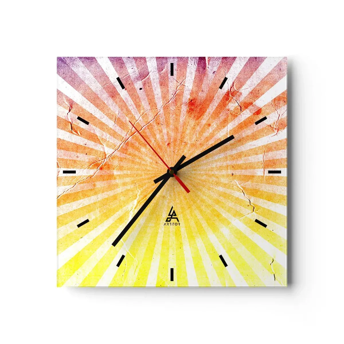 Orologio da parete - Orologio in Vetro - Raggi di sole nelle tonalità dell'arancione e del giallo - 30x30cm - Albe e tramonti - Decorazione murale moderna per soggiorno e camera da letto ARTTOR