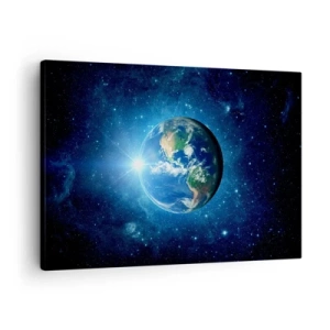 Quadro su tela - Stampe su Tela - La Terra nello spazio circondata da stelle e luce - 70x50cm - Siamo in cielo - Decorazione murale moderna per soggiorno e camera da letto ARTTOR