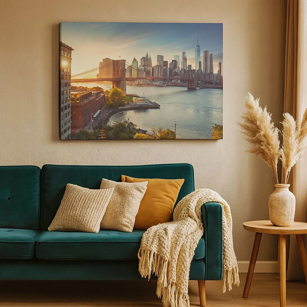 Quadro su tela - Stampe su Tela - Panorama della città con il ponte al tramonto - 70x50cm - L'alba nella grande città - Decorazione murale moderna per soggiorno e camera da letto ARTTOR