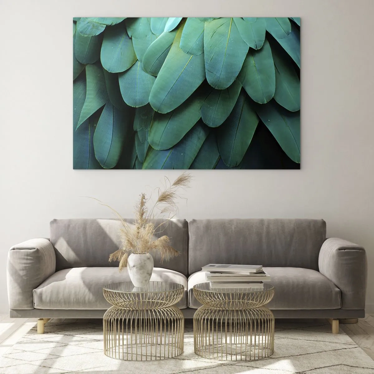Quadro su vetro - Primo piano delle piume di un pappagallo di un verde intenso. - 70x50cm - Precisione da pappagallo - Decorazione murale moderna per soggiorno e camera da letto ARTTOR