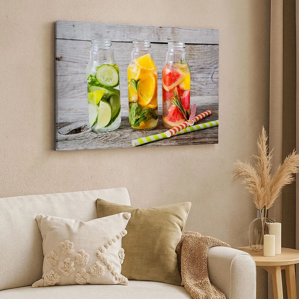 Quadro su tela - Stampe su Tela - Bottiglie di acqua alla frutta ed erbe aromatiche su uno sfondo di legno - 70x50cm - Sani di natura - Decorazione murale moderna per soggiorno e camera da letto ARTTOR