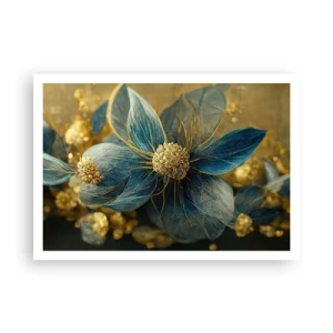 Poster - Eleganti fiori nei toni del blu e dell'oro - 100x70cm - Fiorire d'oro - Decorazione murale moderna per soggiorno e camera da letto ARTTOR