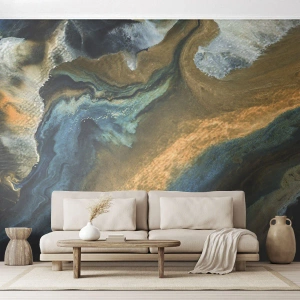 Fotomurali Standard Eco - Composizione di colori astratti in uno stile acquerello fluido - 100x70cm - Blu-oro: influenza reciproca - Decorazione murale moderna per soggiorno e camera da letto ARTTOR
