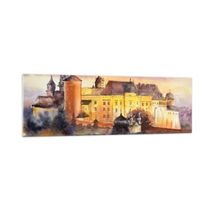 Quadro su vetro - Un pittoresco dipinto ad acquerello di un castello al tramonto - 160x50cm - Storia e fiaba - Decorazione murale moderna per soggiorno e camera da letto ARTTOR