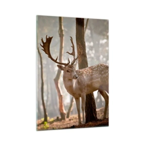 Quadro su vetro - Un cervo nella foresta circondato dalla nebbia mattutina - 50x70cm - La luce della giovinezza - Decorazione murale moderna per soggiorno e camera da letto ARTTOR