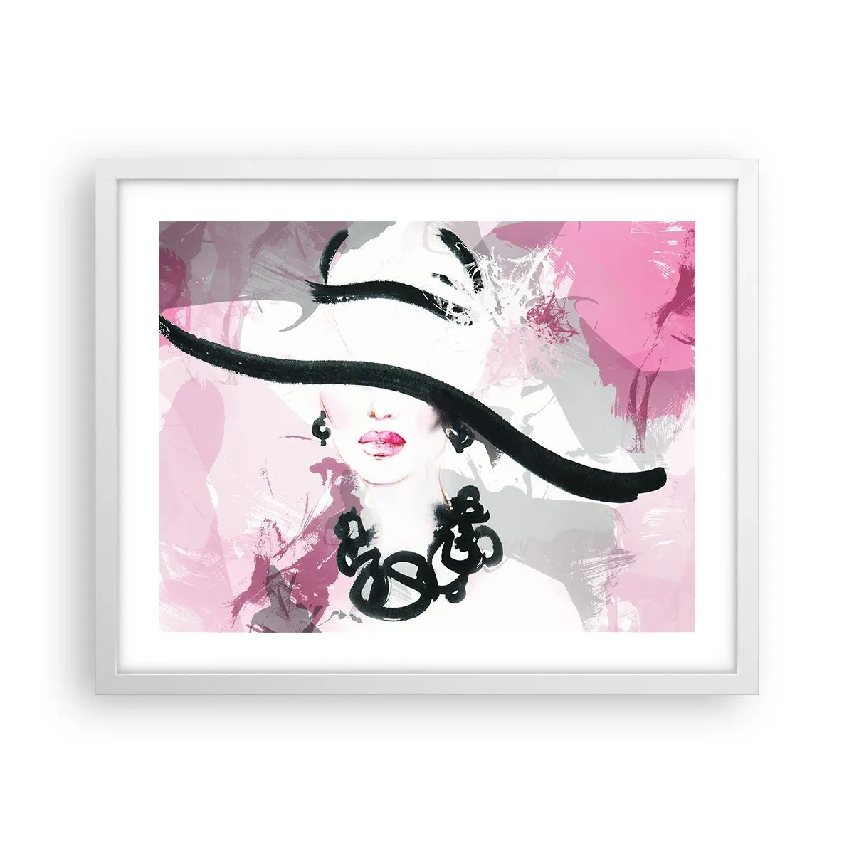 Poster in cornice bianca - Ritratto di donna in nero e rosa - 50x40 cm