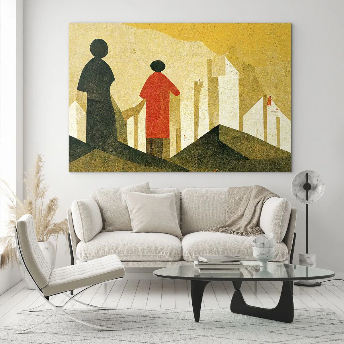 Quadro su vetro - Silhouette geometriche di figure tra forme alte sullo sfondo di un cielo giallo - 70x50cm - La strada è ancora lunga - Decorazione murale moderna per soggiorno e camera da letto ARTTOR