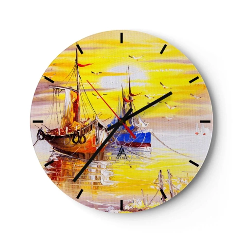 Orologio da parete - Orologio in Vetro - Pittoresche barche a vela al tramonto - 30x30cm - Meritato riposo nel porto - Decorazione murale moderna per soggiorno, cucina e camera da letto ARTTOR