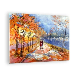 Quadro su vetro - Una passeggiata autunnale lungo il viale con foglie colorate e lanterne - 70x50cm - Insieme fino ai confini del tempo - Decorazione murale moderna per soggiorno e camera da letto ARTTOR