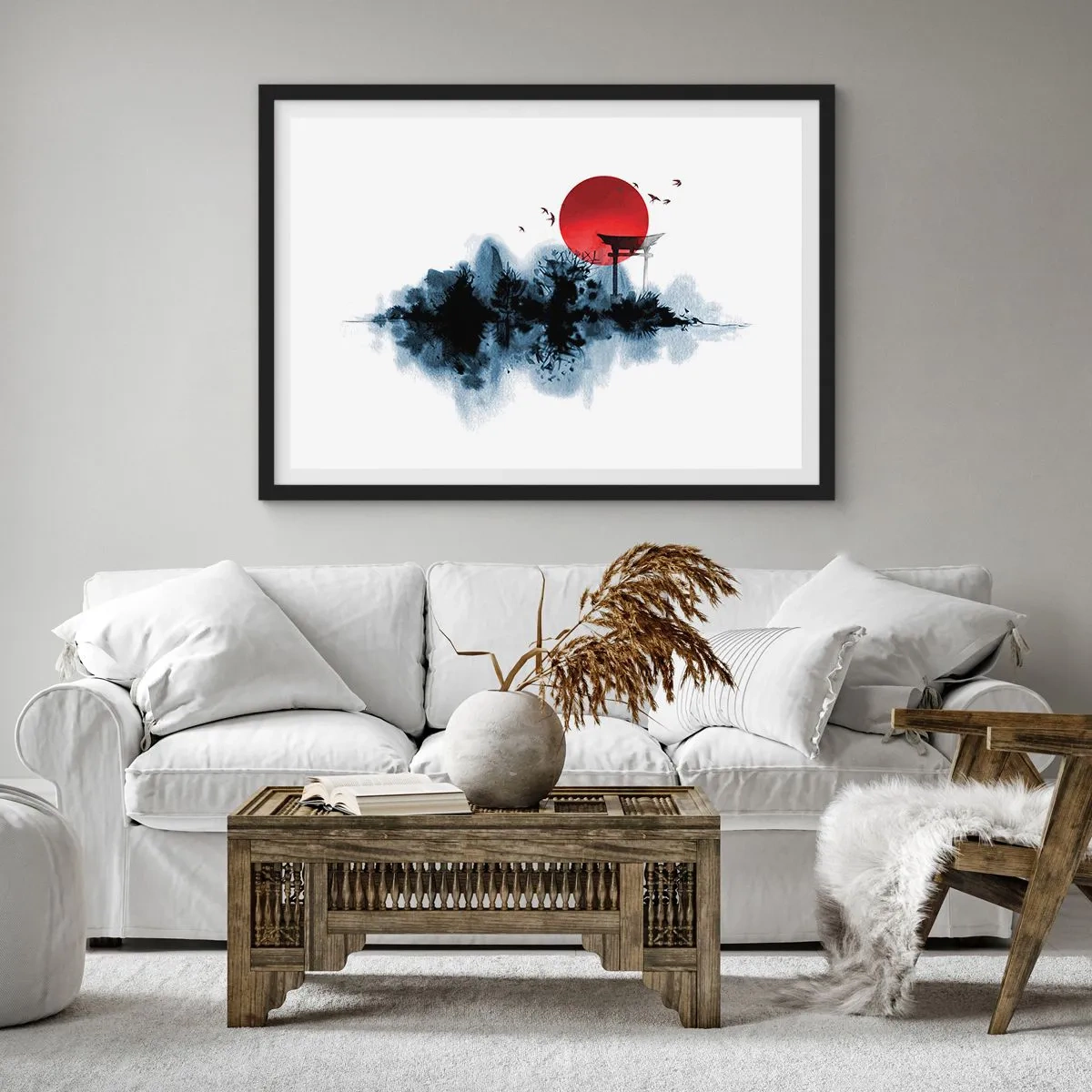 Poster in cornice nera - Sole rosso su un paesaggio pittoresco con torii - 70x50cm - Vista giapponese - Decorazione murale moderna per soggiorno e camera da letto ARTTOR