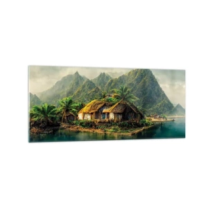 Quadro su vetro - Un'isola tropicale con palme e montagne sullo sfondo - 120x50cm - Paradiso tropicale - Decorazione murale moderna per soggiorno e camera da letto ARTTOR
