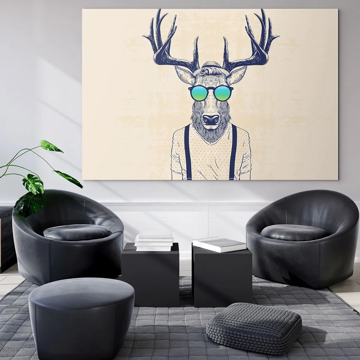 Quadro su vetro - Un elegante cervo con occhiali da sole su uno sfondo chiaro - 120x80cm - E chi ti aspettavi? - Decorazione murale moderna per soggiorno e camera da letto ARTTOR