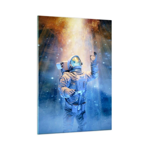 Quadro su vetro - Un astronauta nello spazio illuminato da raggi di luce - 50x70cm - Finalmente alla meta - Decorazione murale moderna per soggiorno e camera da letto ARTTOR