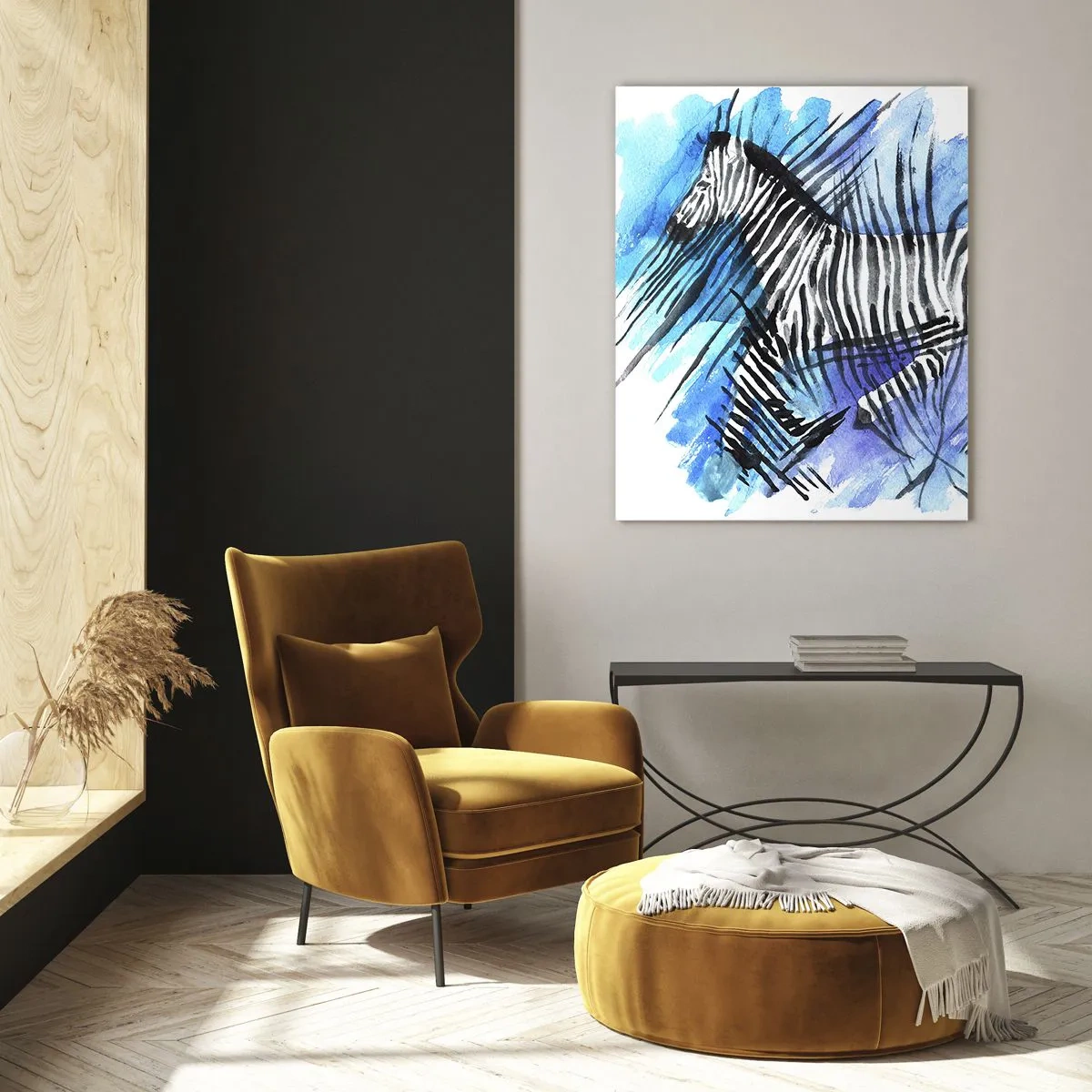 Quadro su vetro - Una zebra in una composizione artistica ad acquerello su uno sfondo blu - 50x70cm - Nascosta nelle strisce - Decorazione murale moderna per soggiorno e camera da letto ARTTOR