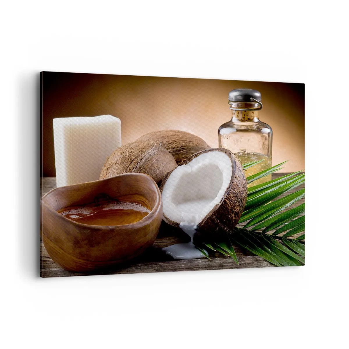 Quadro su tela - Stampe su Tela - Noci di cocco, candela e olio su uno sfondo di legno - 100x70cm - Salute dalle isole tropicali - Decorazione murale moderna per soggiorno e camera da letto ARTTOR