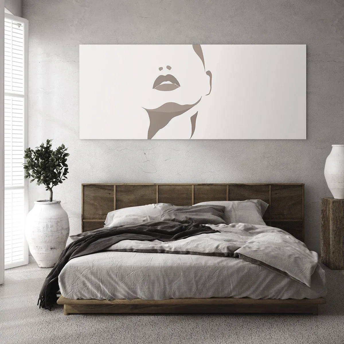 Quadro su vetro - Contorno minimalista del viso di una donna in delicati toni beige - 140x50cm - Fatta di luce e ombra - Decorazione murale moderna per soggiorno e camera da letto ARTTOR