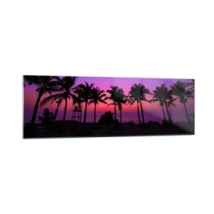Quadro su vetro - Silhouette di palme contro un cielo al tramonto rosa-viola - 160x50cm - Sera sotto le palme - Decorazione murale moderna per soggiorno e camera da letto ARTTOR