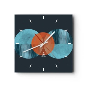 Orologio da parete - Orologio in Vetro - Cerchi geometrici nei toni del blu e dell'arancione - 30x30cm - Composizione simmetrica - Decorazione murale moderna per soggiorno e camera da letto ARTTOR
