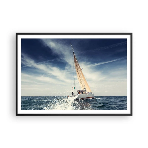 Poster in cornice nera - Una barca a vela su un mare in tempesta sotto un cielo azzurro - 100x70cm - Non ci raggiungeranno! - Decorazione murale moderna per soggiorno e camera da letto ARTTOR