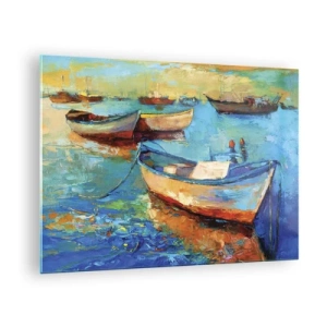 Quadro su vetro - Barche colorate su uno sfondo di acqua calma - 70x50cm - Nella baia del sud - Decorazione murale moderna per soggiorno e camera da letto ARTTOR