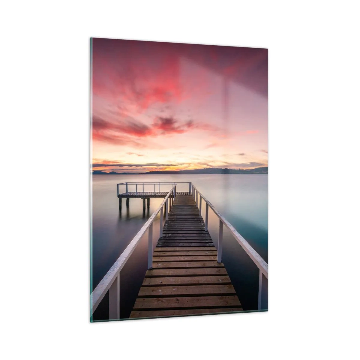 Quadro su vetro - Molo sul lago al tramonto con cielo rosa - 50x70cm - La fiamma mite della sera - Decorazione murale moderna per soggiorno e camera da letto ARTTOR