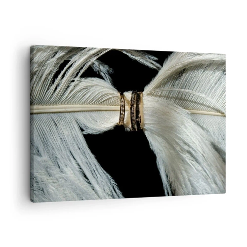 Quadro su tela - Stampe su Tela - Una piuma bianca con due anelli d'oro su uno sfondo nero - 70x50cm - ...e non ti lascerò... - Decorazione murale moderna per soggiorno e camera da letto ARTTOR