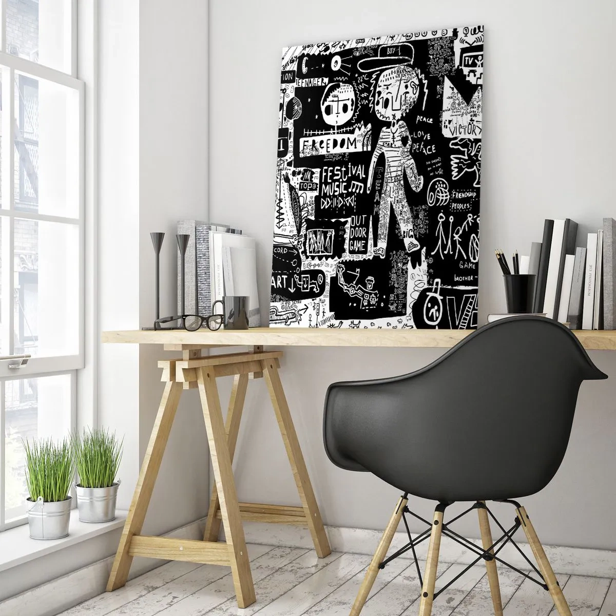 Quadro su vetro - Grafica in stile street art in bianco e nero con personaggi e simboli - 50x70cm - Gioventù spirituale di giustizia e gioia - Decorazione murale moderna per soggiorno e camera da letto ARTTOR
