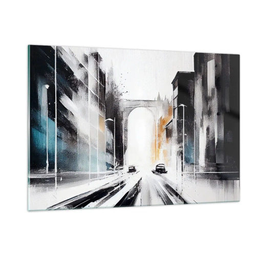 Quadro su vetro - Una strada cittadina dinamica con auto e un arco sullo sfondo, in stile pittorico. - 120x80cm - Studio di città: architettura e movimento - Decorazione murale moderna per soggiorno e camera da letto ARTTOR