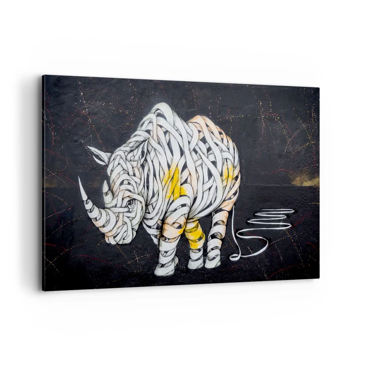 Quadro su tela - Stampe su Tela - Un rinoceronte scolpito con strisce astratte su sfondo scuro. - 120x80cm - La pelle dura è un mito - Decorazione murale moderna per soggiorno e camera da letto ARTTOR