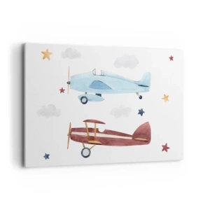 Quadro su tela - Stampe su Tela - Aeroplani dipinti a mano su uno sfondo di nuvole e stelle - 120x80cm - Aspettando il pilota - Decorazione murale moderna per soggiorno e camera da letto ARTTOR