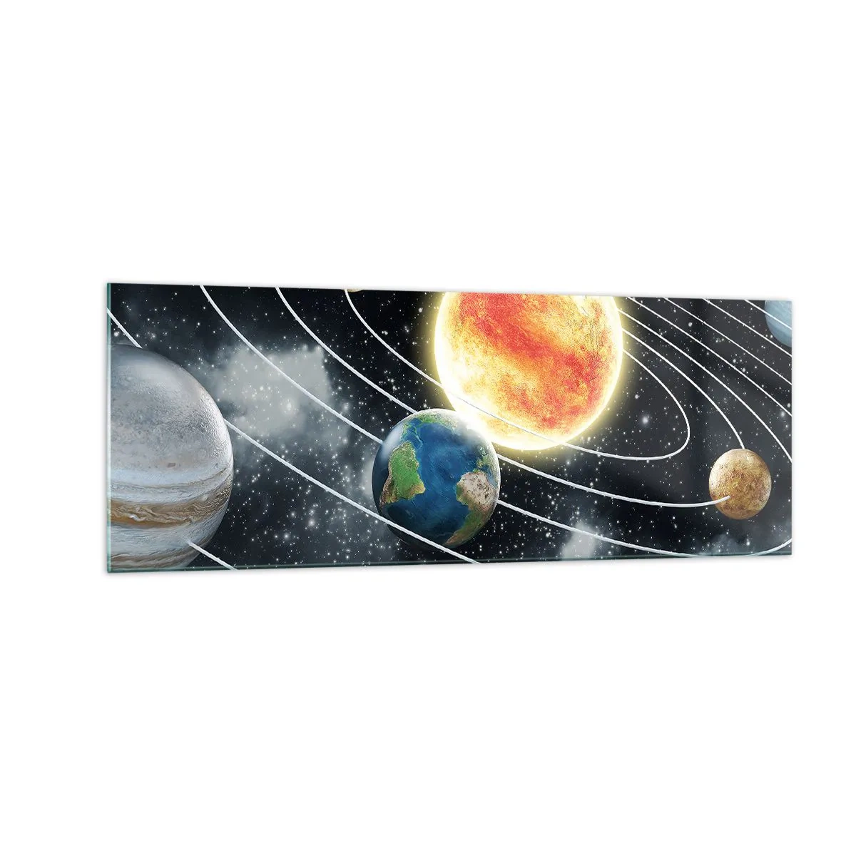 Quadro su vetro - Sistema solare con pianeti e sole nello spazio - 140x50cm - Danza cosmica - Decorazione murale moderna per soggiorno e camera da letto ARTTOR