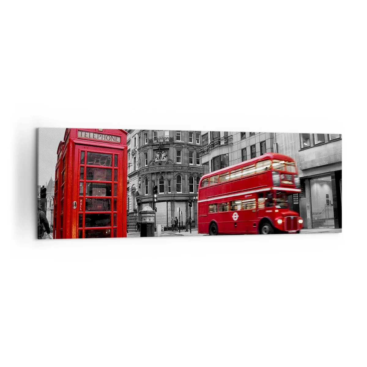 Quadro su tela - Stampe su Tela - Una cabina telefonica rossa e un autobus a due piani a Londra con la città sullo sfondo - 160x50cm - Il più rosso d'Europa - Decorazione murale moderna per soggiorno e camera da letto ARTTOR