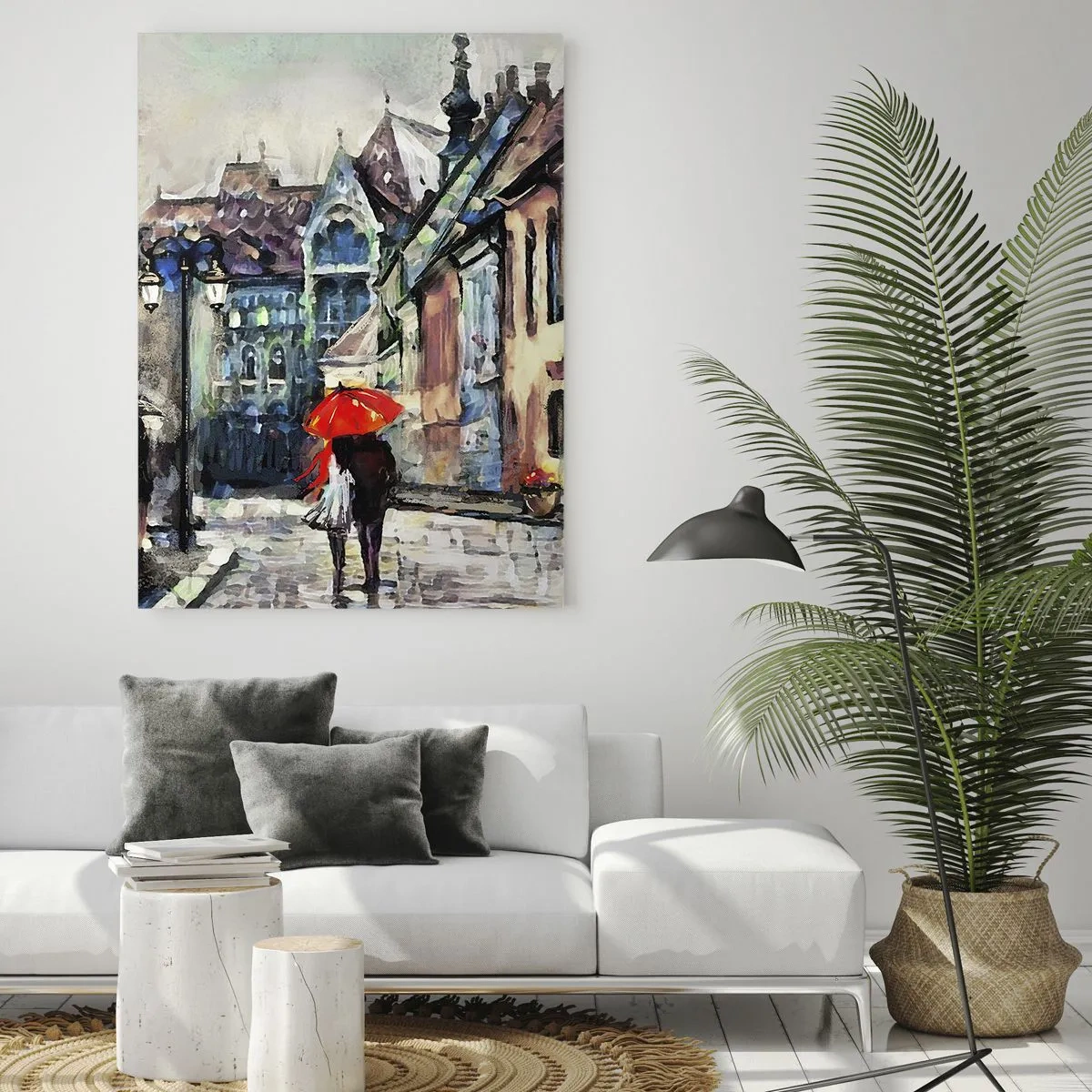 Quadro su vetro - Un'affascinante strada cittadina con una coppia sotto un ombrello rosso - 70x100cm - Pioggia per due - Decorazione murale moderna per soggiorno e camera da letto ARTTOR