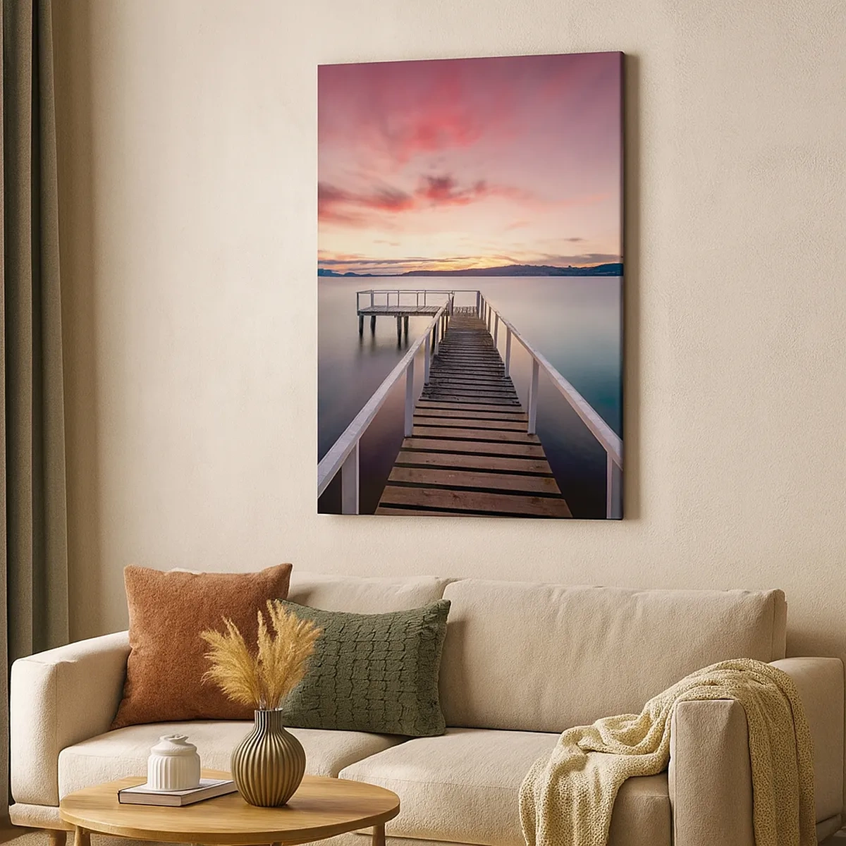 Quadro su tela - Stampe su Tela - Un molo che conduce a un lago tranquillo al tramonto - 50x70cm - La fiamma mite della sera - Decorazione murale moderna per soggiorno e camera da letto ARTTOR