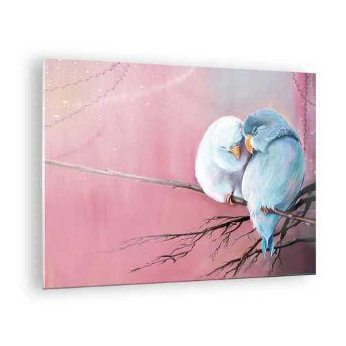 Quadro su vetro - Due inseparabili seduti su un ramo su uno sfondo rosa - 70x50cm - Che cosa aggiungere? - Decorazione murale moderna per soggiorno e camera da letto ARTTOR