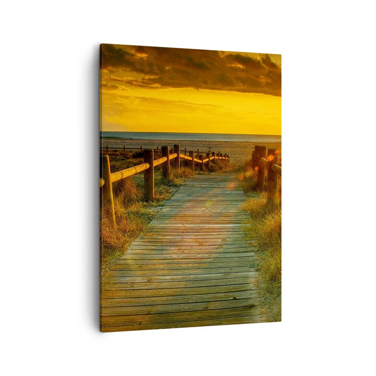 Quadro su tela - Stampe su Tela - Un sentiero in legno che conduce alla spiaggia al chiarore del sole al tramonto - 50x70cm - Immerse nell'oro vecchio - Decorazione murale moderna per soggiorno e camera da letto ARTTOR
