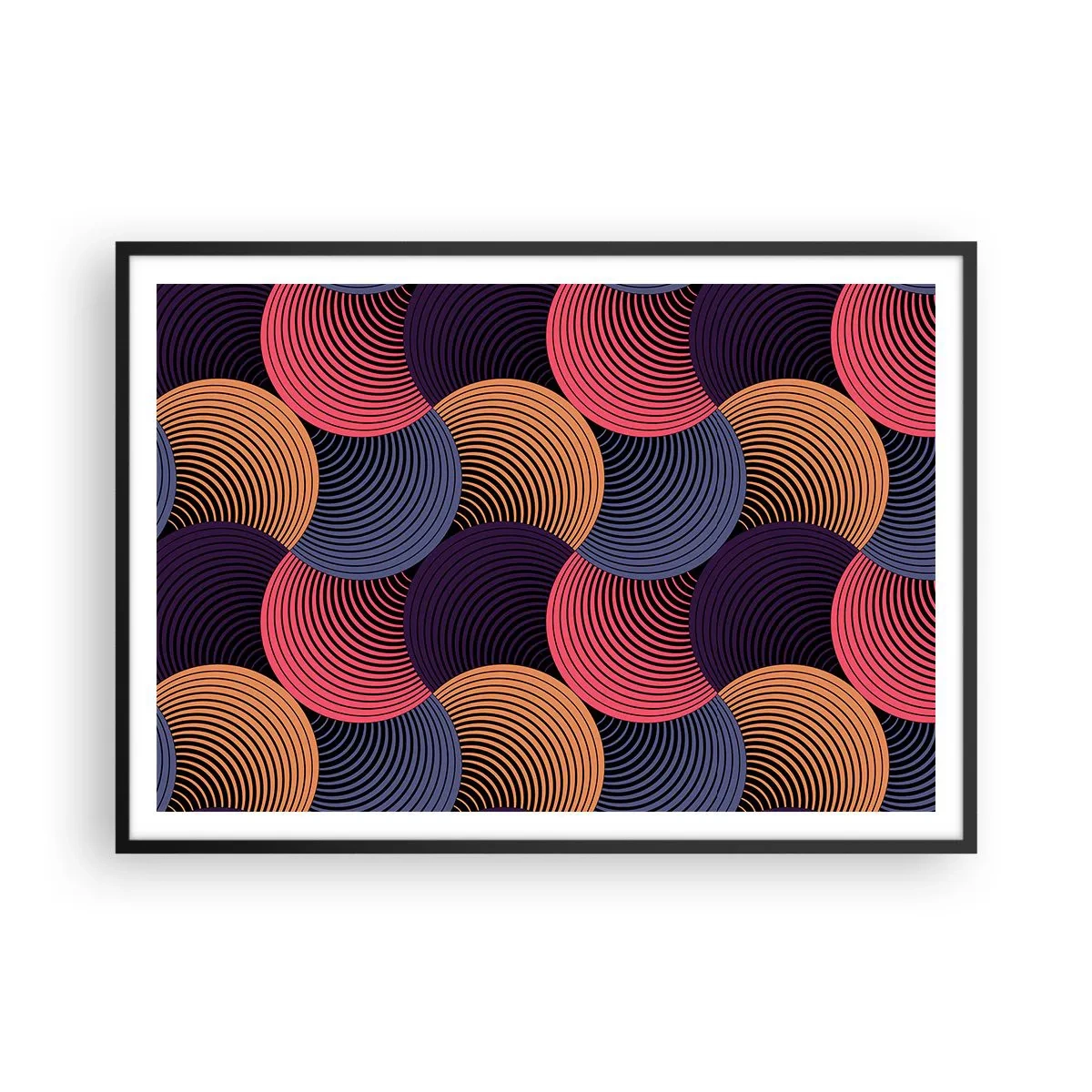 Poster in cornice nera - Cerchi geometrici nelle tonalità del rosa, viola e oro - 100x70cm - Al ritmo delle sfere - Decorazione murale moderna per soggiorno e camera da letto ARTTOR